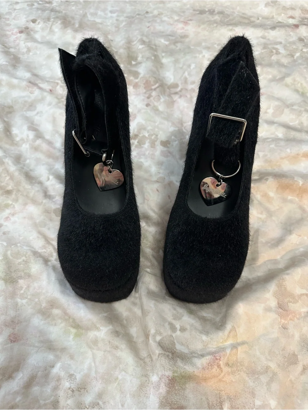 Sugar Thrillz Black Velvet Platform Ankle-Strap Heels with Heart Charm